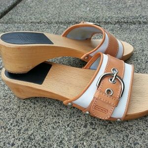 Coach White Twill Leather Wood Clogs/ Sand…